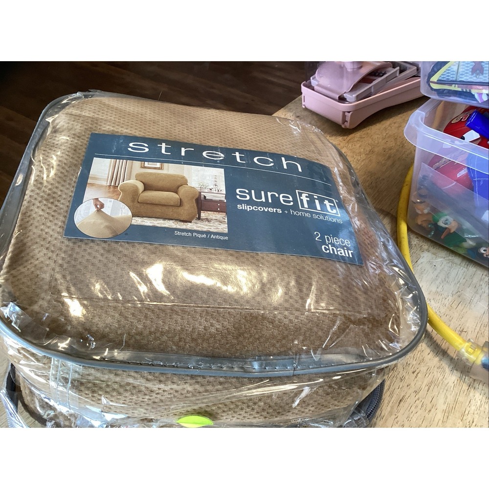 Sure Fit Stretch Pique 2 Piece Chair Slipcover Antique Gold 32-43in NEW